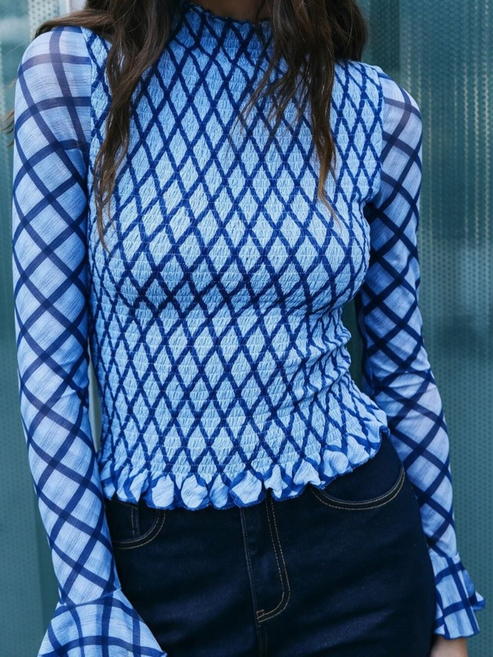 Blue Casual Women's Textured Stand Collar Pleated Waist-Cinching Top